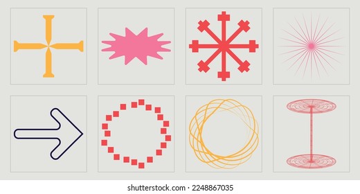 Set of Y2K style vectors of objects. Trendy geometric postmodern figures. Cyberpunk elements. Isolated on black background. Vector illustration