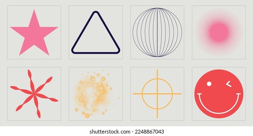 Set of Y2K style vectors of objects. Brutalism star and flower shapes. Elements for graphic decoration. Retro Futurist. Vector illustration