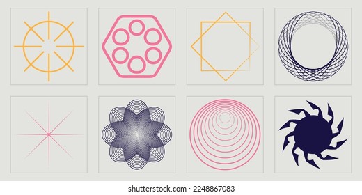 Set of Y2K style vectors of objects. Big collection of abstract graphic geometric symbols. Flat minimalist icons. Futuristic. Vector illustration