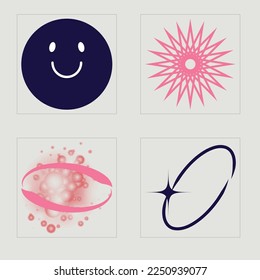 Set of Y2K style vectors of objects. Extraordinary Graphic Assets. Modern abstract forms. Stars, starburst . Vector illustration