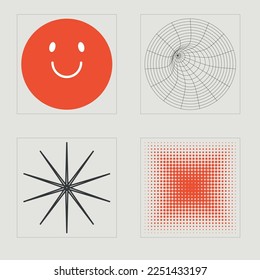 Set of Y2K style vectors of objects. Brutalism star and flower shapes. Templates for notes, posters. Stars, starburst . Vector illustration