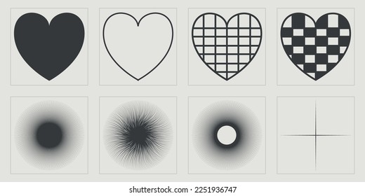 Set of Y2K style vectors of objects. Brutalism star and flower shapes. Modern abstract forms. Isolated on black background. Vector illustration