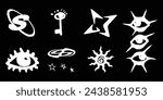 Set of Y2K style vectors in various shapes of eyes, stars, alphabet letters, suns, keys and many more for decoration or tattoo designs.