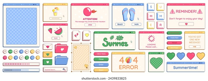 Set of Y2K summer theme retro computer windows, buttons, messages and other holiday and vacation interface elements with cheering phrases. Vector illustration.