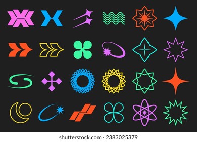 Set of Y2K symbols in retrofuturism style, design elements for logo templates in modern minimalist style. Retro brutalism elements for posters. Vector