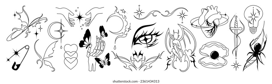 Conjunto de símbolo de tatuaje y2k vector sobre fondo blanco. Diseño de elementos de moda negro con alas, mariposas, corazón, perlas, fuego, diablo. Diseño de tatuajes dibujados a mano para pegatinas, decorativas, pintura corporal.