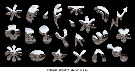 Set Y2K themed chrome 3D objects  vector abstract shapes and metallic shine    star  arrow  flower  drop    more