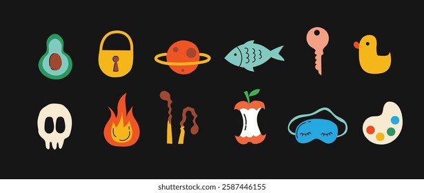 Set of Y2K trend abstract flat shapes in cartoon style. Collection of decorative elements for design in multicolored colors. . Vector shapes Isolated on black background.