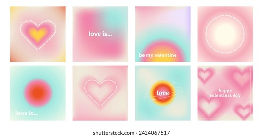 Set of Y2k Trendy Aesthetic abstract gradient pink violet background with translucent aura irregular shapes blurred pattern. Social media valentines day poster, stories highlight templates 