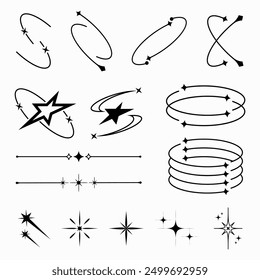 Set of Y2K trendy design with lines, sparkles star, thin line rings Retro vector for streetwear and urban style