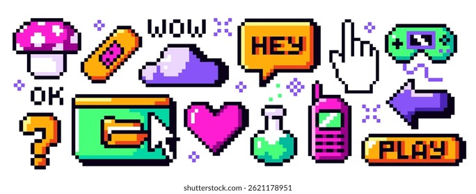 Conjunto de arte de pixel moderno y2k. Adesivos retro bonito 8 bits e ícones com cogumelo, setas, poção e coração. Elementos abstratos para design de jogos. Coleção de ilustrações de vetor plana isolada no plano de fundo