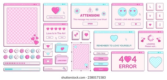 Set of Y2K Valentine Day retro computer windows, buttons, messages and other romantic interface elements with cheering phrases. Vector illustration.