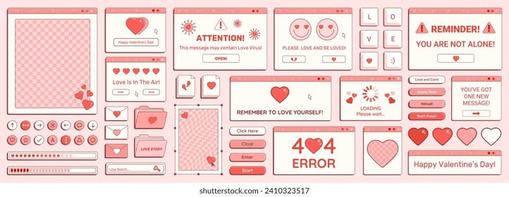 Set of Y2K Valentine Day retro computer windows, buttons, messages and other romantic interface elements with cheering phrases. Vector illustration.