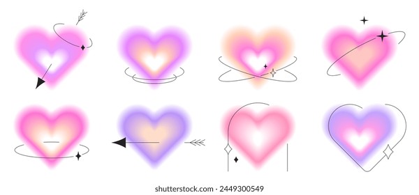 Conjunto de corazones de degradado de San Valentín y2k con efecto de desenfoque. Elementos de color pastel suave aura borrosa, pegatinas estéticas brillantes con formas lineales y destellos. Símbolo de amor minimalista moderno para el día de San Valentín.