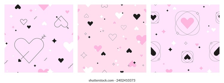 Conjunto de patrones del Día de San Valentín 2000 con estrellas y corazones lineales sobre fondo rosa pastel y morado. Formas de amor geométricas, ilustraciones vectoriales abstractas futuristas y oníricas. Impresión impecable.