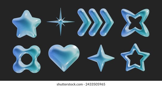 Set of Y2k vector geometric 3D render chrome shapes trendy retro futuristic design elements, infographic shapes. Modern concept with symbols and objects, star, heart illustration for UI and UX.