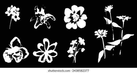 Set of Y2K vectors in photocopy style in various shapes of flowers and nature elements for graphic design decoration or tattoo designs.