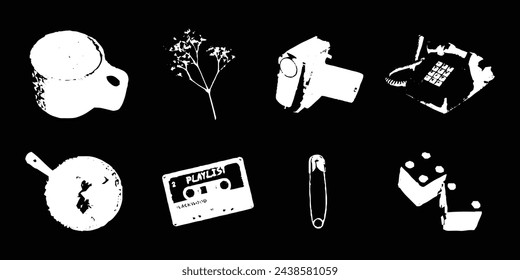 Set of Y2K vintage vectors of household items in a photocopy style black and white image trace for graphic design or journal decoration.
