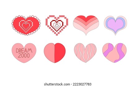 Set of y2k-style hearts stickers, 2000s. Atmospheric elements glamor retro elements. Vector illustration in flat style