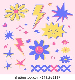 A set of y2k-style stickers. Vector bright stickers of the 2000s.