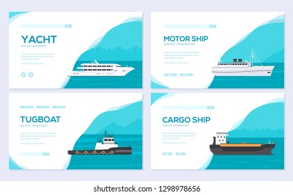 Set of yacht, boat, cargo ship, steamship, ferry, fishing boat, tug, bulk carrier, vessel, pleasure boat, cruise ship. Vector brochure card template of flyear, web banner, ui header, enter site slider