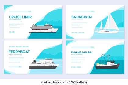 Set of yacht, boat, cargo ship, steamship, ferry, fishing boat, tug, bulk carrier, vessel, pleasure boat, cruise ship. Vector brochure card template of flyear, web banner, ui header, enter site slider