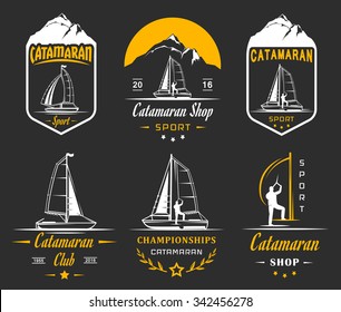 Set of yacht and catamaran logos and badges. Collection sign and emblems pro sailing, catamaran club and shop - Stock Vector