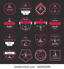 Set of yacht and catamaran logos and badges. Collection sign and emblems pro sailing, catamaran club and shop - Stock Vector