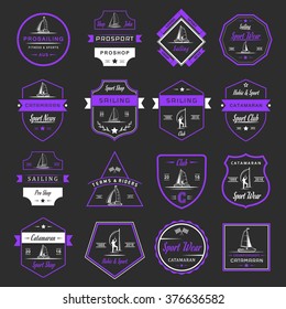 Set of yacht and catamaran logos and badges. Collection sign and emblems pro sailing, catamaran club and shop - Stock Vector