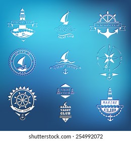 Set of yacht club logos on blurred background.