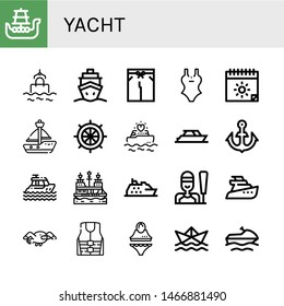 Set of yacht icons such as Battleship, Sea, Cruise, Swimsuit, Summer, Sailboat, Rudder, Yatch, Anchor, Pirate ship, Sailing, Seagull, Life jacket, Paper ship, 