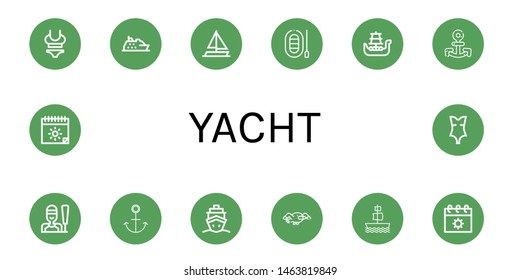 Set of yacht icons such as Swimsuit, Cruise, Sailing boat, Boat, Battleship, Anchor, Sailing, Seagull, Galleon, Summer , yacht