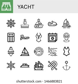Set of yacht icons such as Swimsuit, Helm, Galleon, Sailboat, Motorboat, Boat, Airbed, Summer, Sea, Sailing boat, Boat porthole, Yacht, Inflatable Anchor , yacht