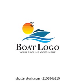 Set of yacht icons with waves and sun on a white background. The template for the logo of the yacht club or sailing. Vector illustration of sea or water transport.