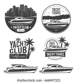 Set of yacht logos, labels, emblems and design elements. Vector illustration, isolated on white background.