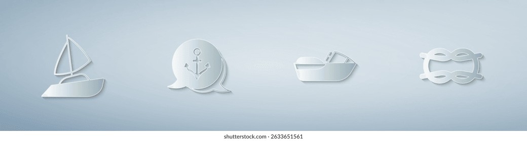 Set Yacht sailboat, Anchor, Jet ski and Nautical rope knots. Paper art style. Vector