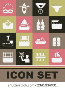 Set Yacht sailboat, Aqualung, Diving board or springboard, Medal, Water polo, Glasses for swimming and Life jacket icon. Vector