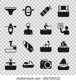 Set Yacht sailboat, Assessment of judges, Aqualung, Swimmer, Kayak and paddle, Swimming trunks and Water skiing man icon. Vector