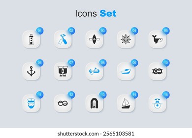 Set Yacht sailboat, Binoculars, Crossed oars or paddles, Captain of ship, Submarine, Nautical rope knots, Lighthouse and Kayak and icon. Vector