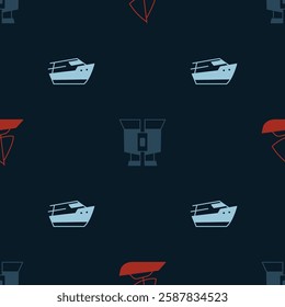 Set Yacht sailboat, Binoculars and Speedboat on seamless pattern. Vector