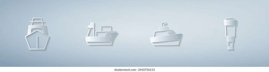 Set Yacht sailboat, Cargo ship, Speedboat and Spyglass telescope lens. Paper art style. Vector