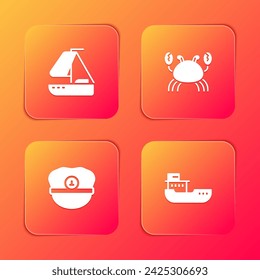 Set Yacht sailboat, Crab, Captain hat and Cargo ship icon. Vector
