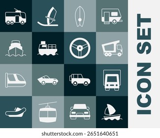 Set Yacht sailboat, Delivery cargo truck, Surfboard, Cargo ship with boxes delivery, Cruise, Trolleybus and Steering wheel icon. Vector