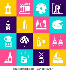 Set Yacht sailboat, Earrings, Cheese, Football ball, Agbar tower, Giralda, Orujo and Gate of Europe icon. Vector