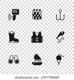 Set Yacht sailboat, Fishing lure, float, jacket, hook, Outboard motor, net pattern and boots icon. Vector