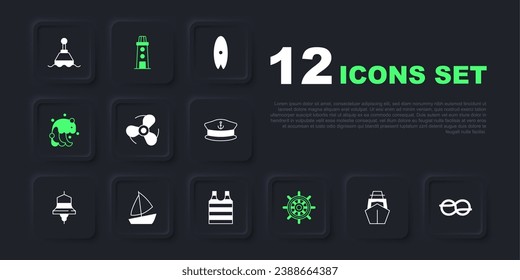 Set Yacht sailboat, Nautical rope knots, Boat propeller, Ship steering wheel, Tsunami, Lighthouse and Striped sailor t-shirt icon. Vector