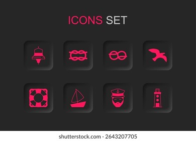 Set Yacht sailboat, Nautical rope knots, Ship bell, Captain of ship, Bird seagull, Lighthouse,  and Lifebuoy icon. Vector