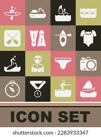 Set Yacht sailboat, Photo camera, Swimsuit, Windsurfing, Flippers for swimming, Paddle, Kayak and paddle and  icon. Vector