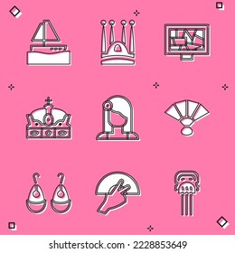 Set Yacht sailboat, Sagrada Familia, Picture art, Crown of spain, Spanish woman, Fan flamenco, Earrings and icon. Vector