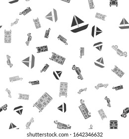 Set Yacht sailboat or sailing ship, School Bus, Sedan car and Double decker bus on seamless pattern. Vector